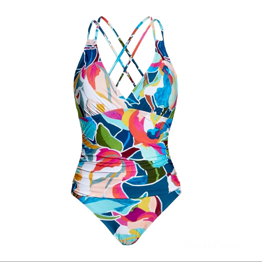 LA BLANCA Floral Surplice One-Piece Swimsuit in Marina